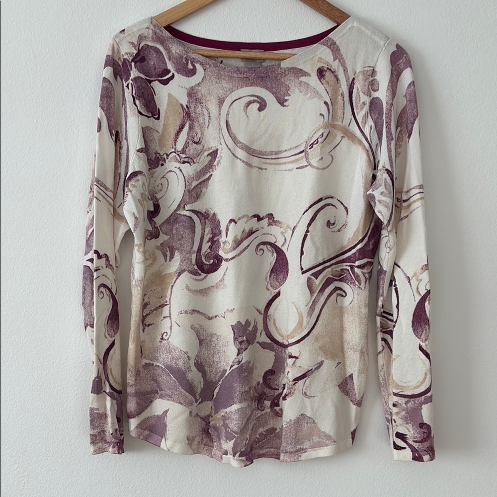 Chico's Cream and Tan Fitted Long Sleeve Blouse